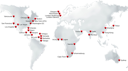 Virgin Atlantic carte de destinations dessert 33 destinations dans le monde